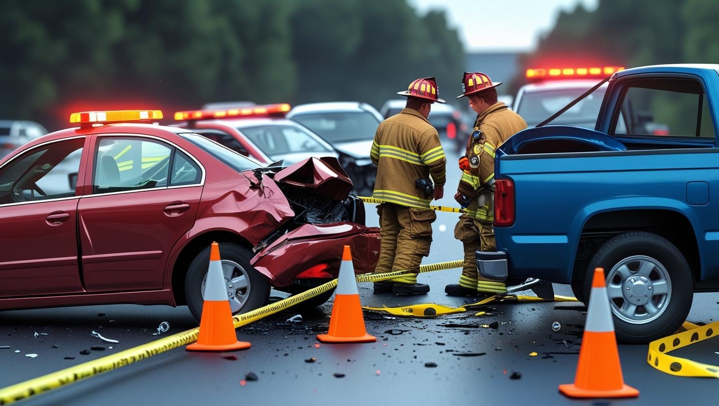 The image depicts an accident scene featuring two vehicles with their hazard lights flashing, emphasizing the critical need for safety following a motor vehicle accident. It illustrates the importance of gathering necessary documentation, such as police reports and medical bills, to navigate the insurance claim process confidently.