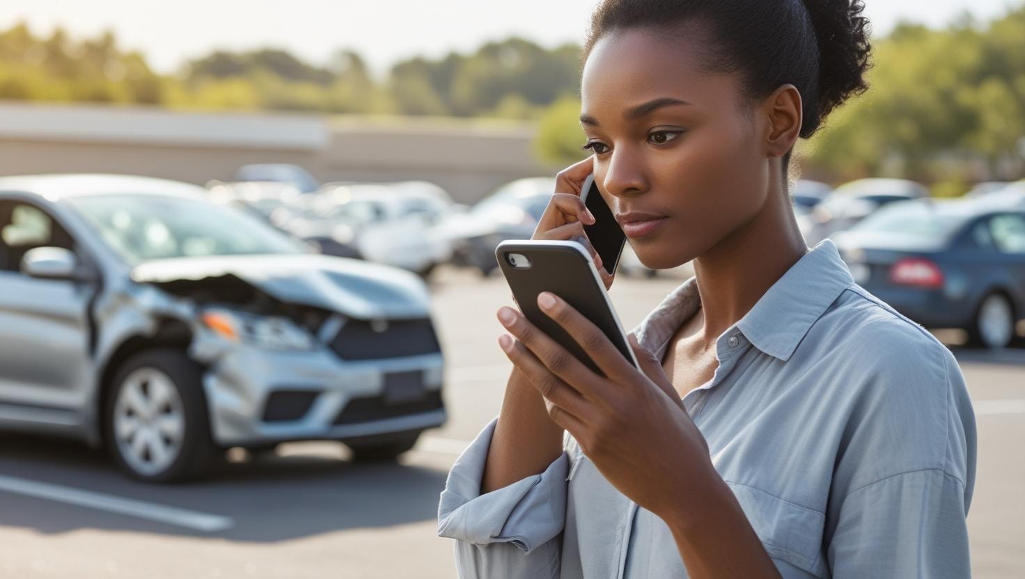 A person is on the phone, notifying their insurance provider about a recent car accident, highlighting the importance of prompt communication in the claim process. Essential documents like the police report and medical bills are likely being discussed to ensure a smooth car insurance claim in Kenya.
