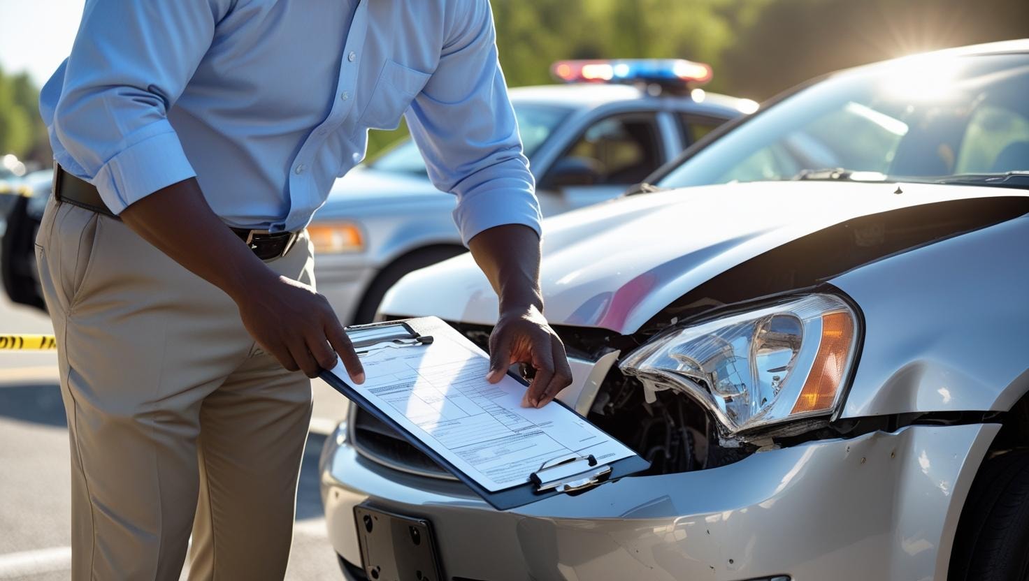 An insurance adjuster is closely examining a damaged vehicle at an accident scene, emphasizing the cooperation required during the insurance claim process. This interaction highlights the importance of accurate information and necessary documentation, such as the police report and repair estimates, to navigate the claim process confidently.